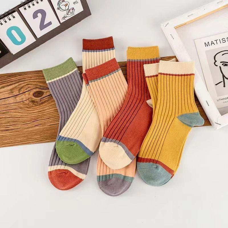 New Autumn Winter Versatile Western Style Socks Korean Vertical Striped Mid Tube Socks Keep Warm Mid Calf Socks