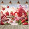 Dreamy Background Banner with Strawberry Theme - Cartoon-style Design, Featuring a Cottage and Heart-shaped Patterns