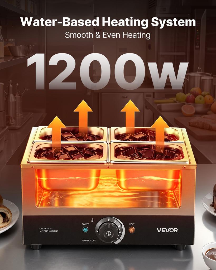 VEVOR Chocolate Melting Machine, 4 Tanks 8.2 kg Choc Commercial Melter, 1200W High Power, Water Bath Heating System, Stainless Steel Body