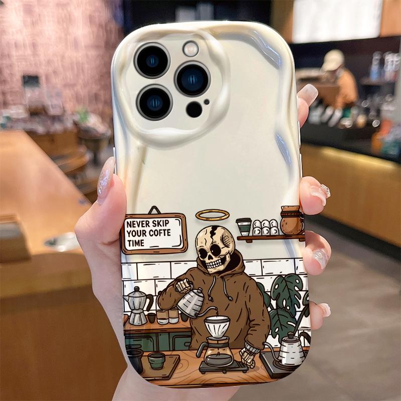 Funny Skeleton Coffee Bar Wave Phone Case for iPhone 17 Air 16 E 15 14 Plus 13 12 Mini 11 Pro Max Liquid Silicone Covers Funda