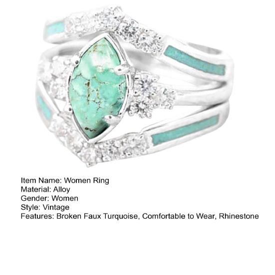Женское кольцо, винтажное сломанное кольцо из искусственной бирюзы, роскошный индивидуальный подарок, инкрустированное стразами кольцо на палец, ювелирные изделия
