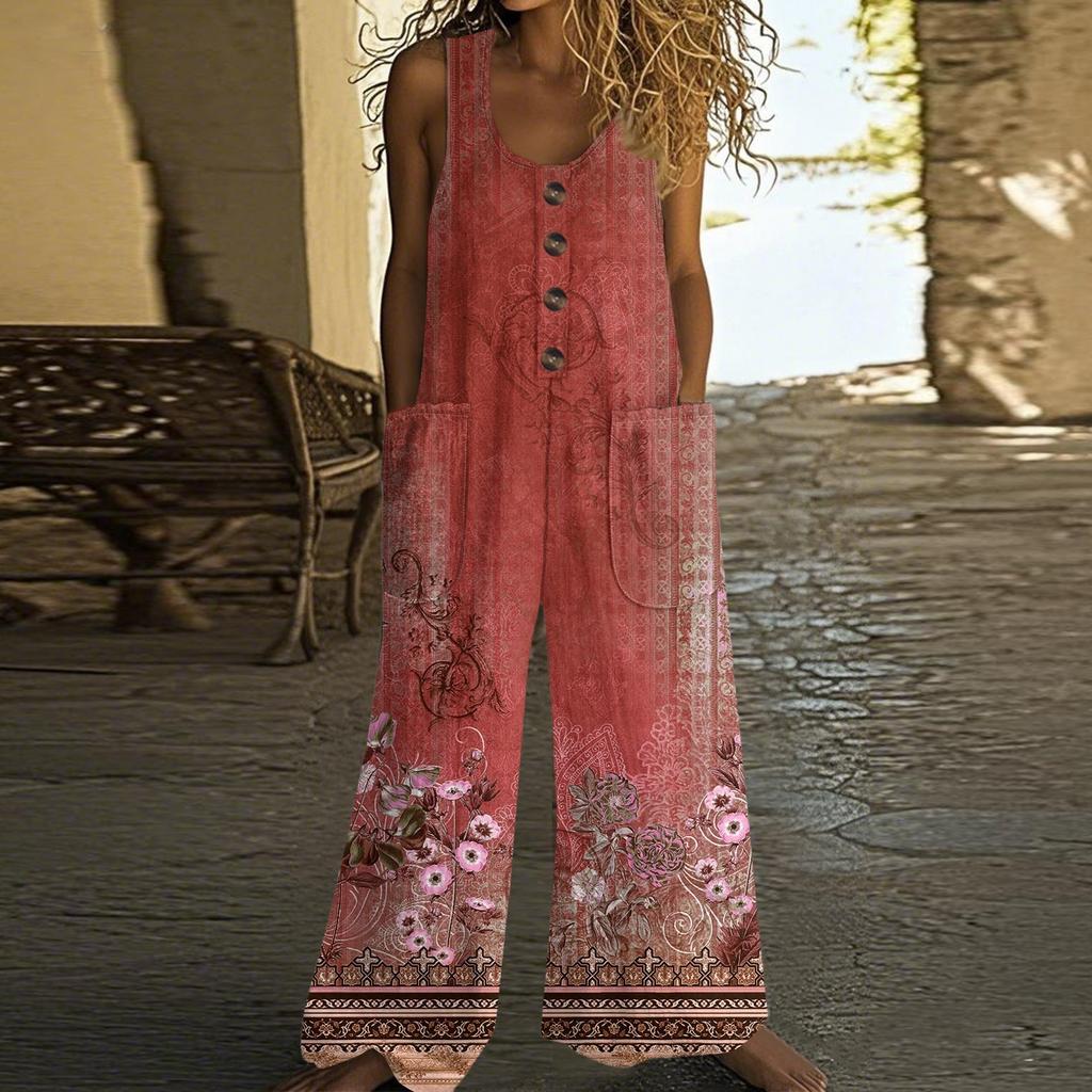 Women's Fashionable Casual Button-down Sleeveless Jumpsuit, Retro Floral Printed Cotton Pocket Jumpsuit