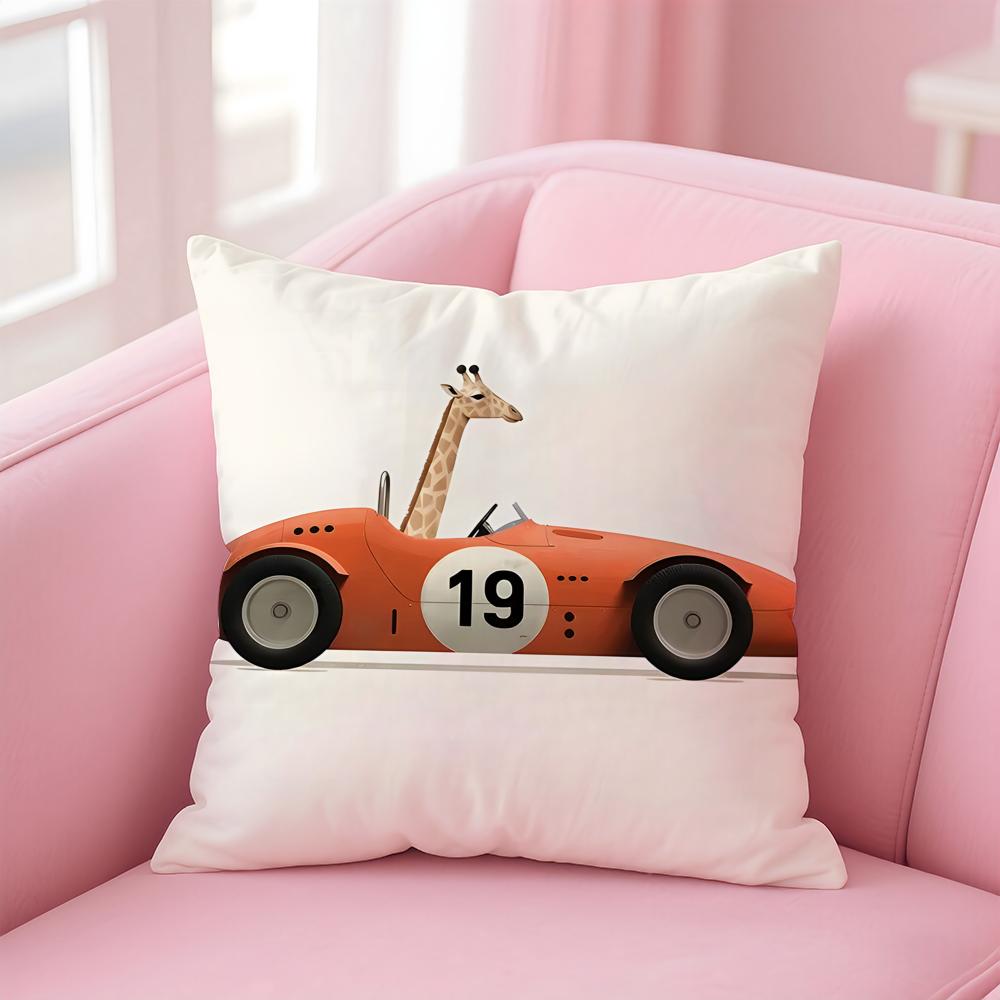 Funny Cartoon Animals Car Art Cushion Cover Linen Pillowcase Cover Soft Decor for Sofa Home Room