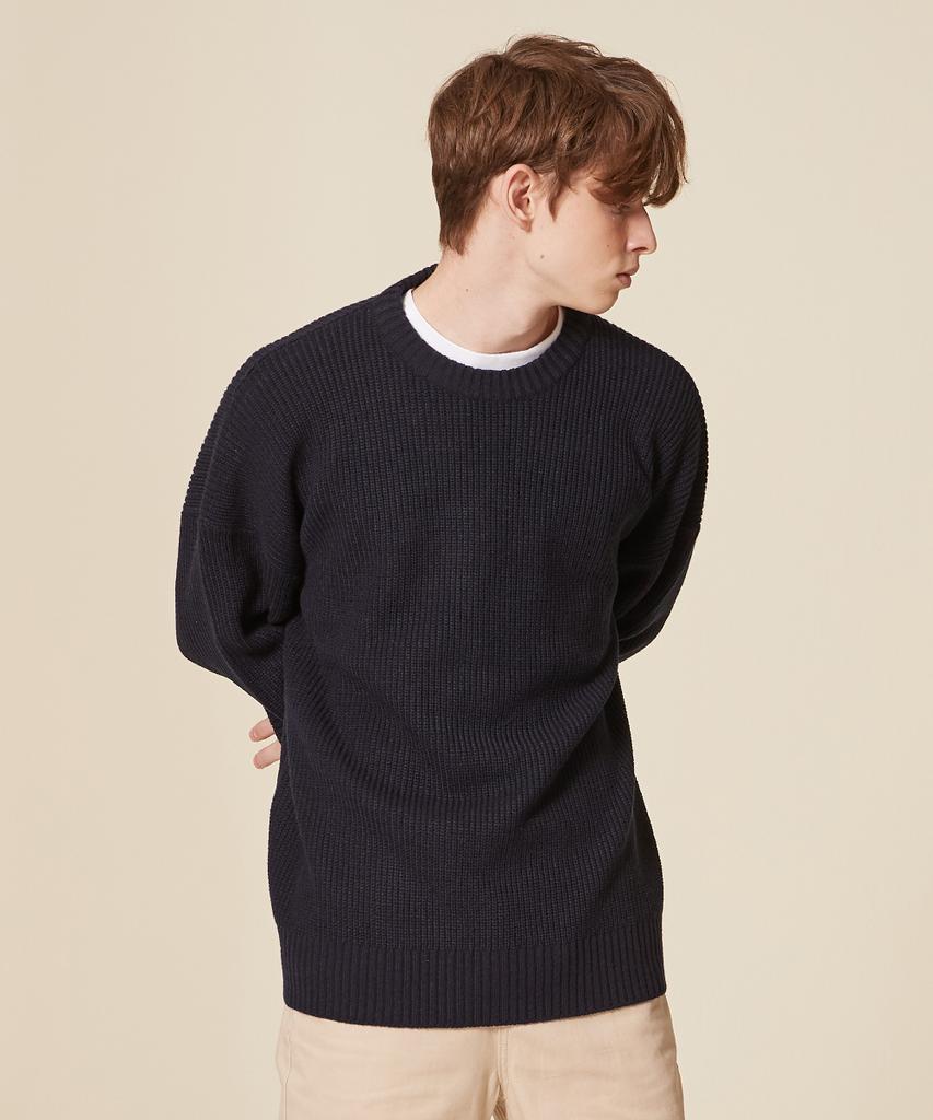 BLOND9 Crew Neck Rib Knit Sweater_Navy