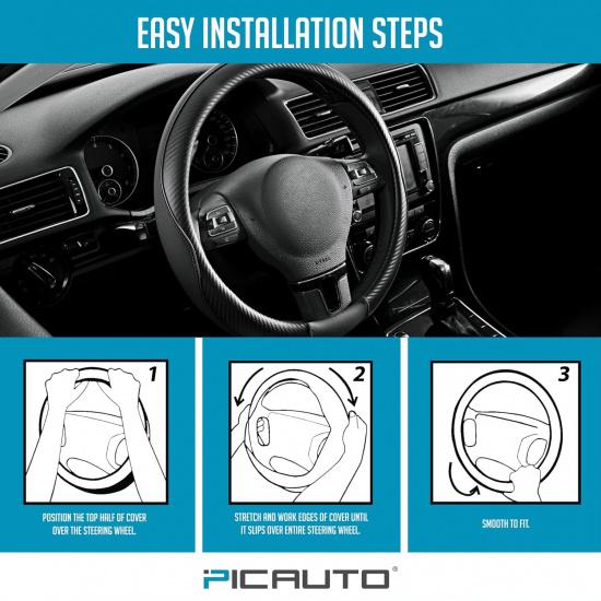PIC AUTO Steering Wheel Cover, Black Piping Leather, Sports Carbon Fiber And Super Breathable Leather, Universal 14.5-15.5 Inch Anti-Slip Steering