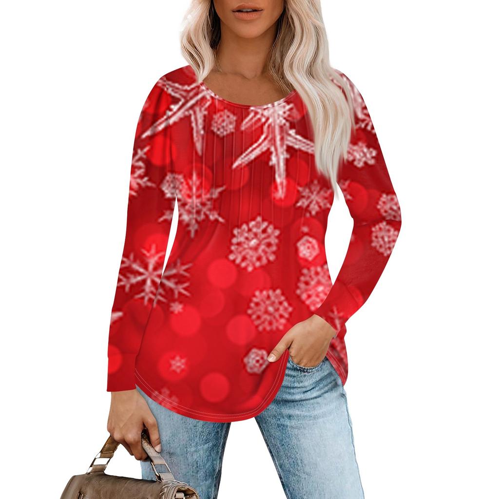 Женская повседневная футболка с круглым вырезом и длинными рукавами с рождественским принтом и складками
