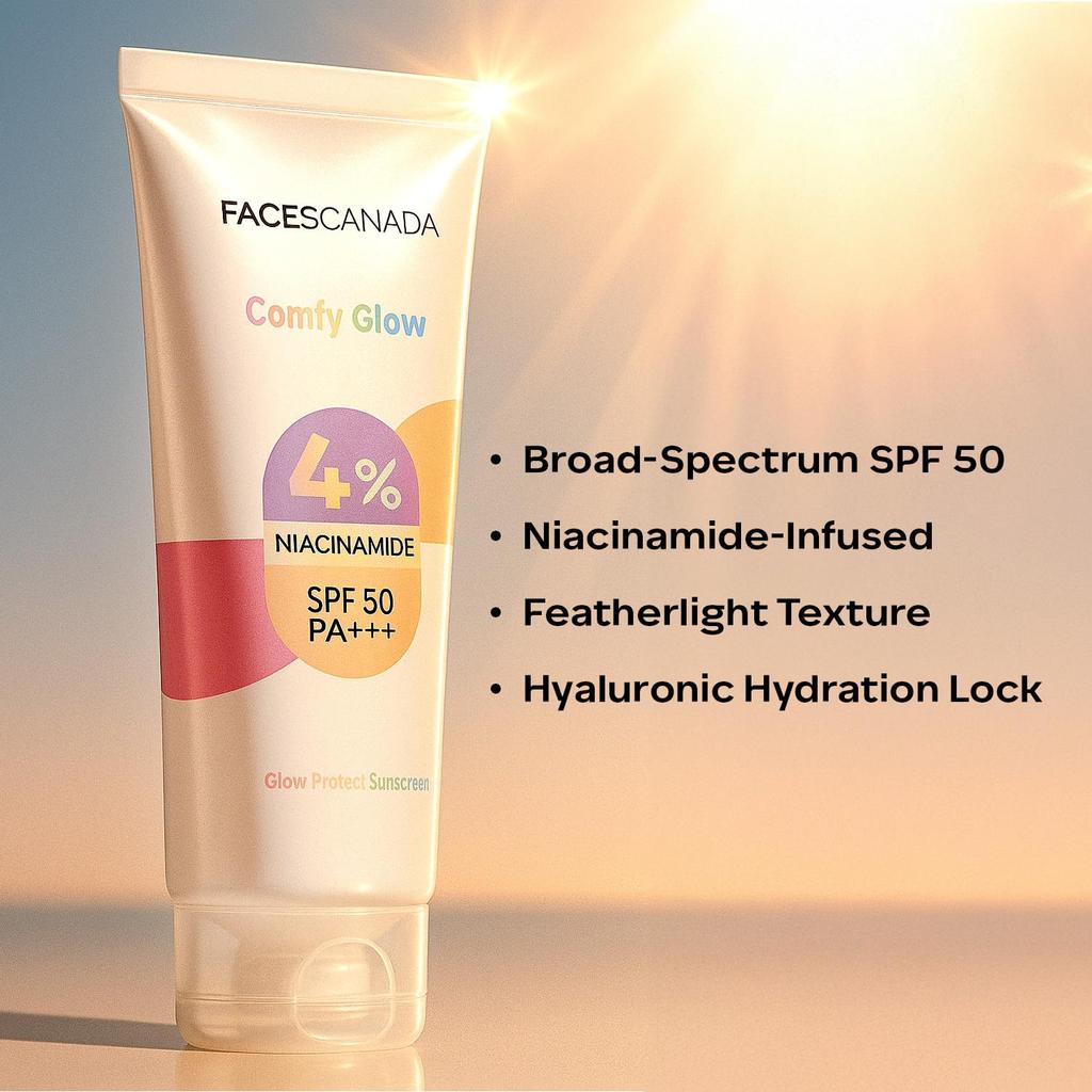 FACES CANADA Солнцезащитный крем Comfy Glow с 10% ниацинамида - 30 мл | SPF50 PA+++ | Защита от UVA и UVB | Невесомая текстура | Легкий и не оставляющий следов