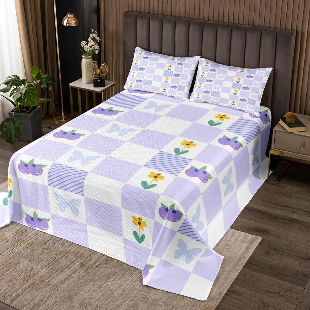 Cartoon Blueberry Bedspread Summer Tropical Fruit Quilted Coverlet Watercolor Botanical Leaves Flower Bedding Set for Teen Adult