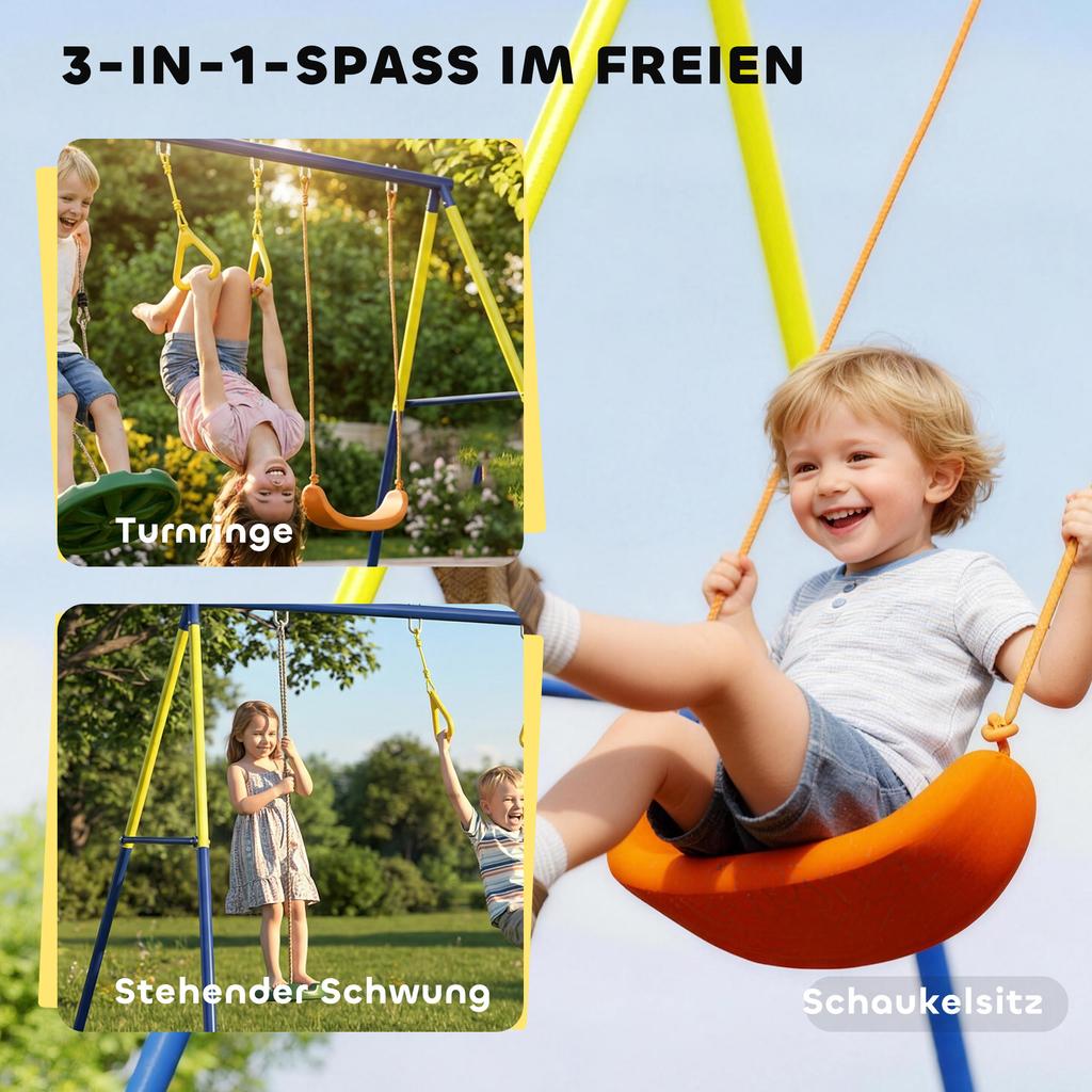 Swing Frame up to 150 kg 3-in-1 Kids Swing with Classic Swing, Gymnastic Rings, Standing Swing, 285x160x181 cm