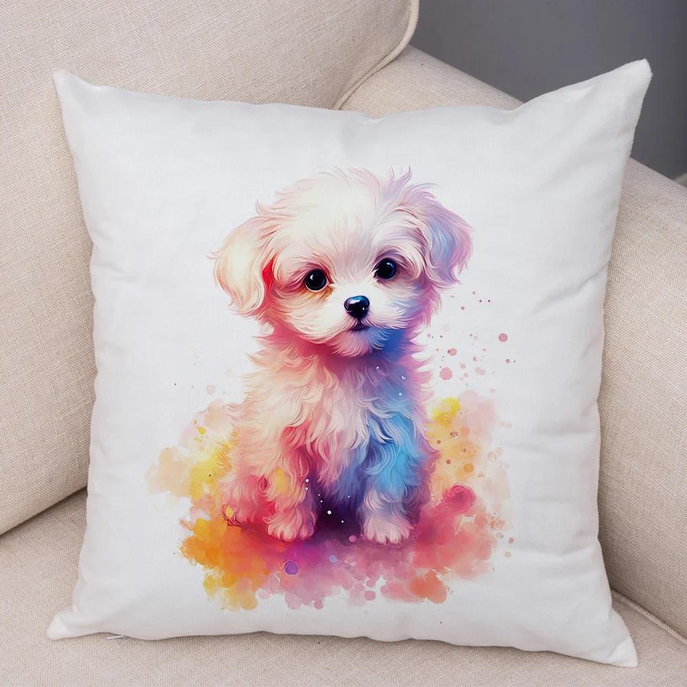 Super Cute Watercolor Dog Throw Pillow Cover With Short Plush Print For Living Room Sofa Decoration Cushion Cover Pillow Covers