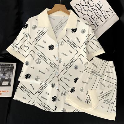 Пижамный комплект из высококачественного ледяного шелка с принтом букв, женский летний комплект для дома в стиле маленького французского шика с цветочным принтом, с коротким рукавом