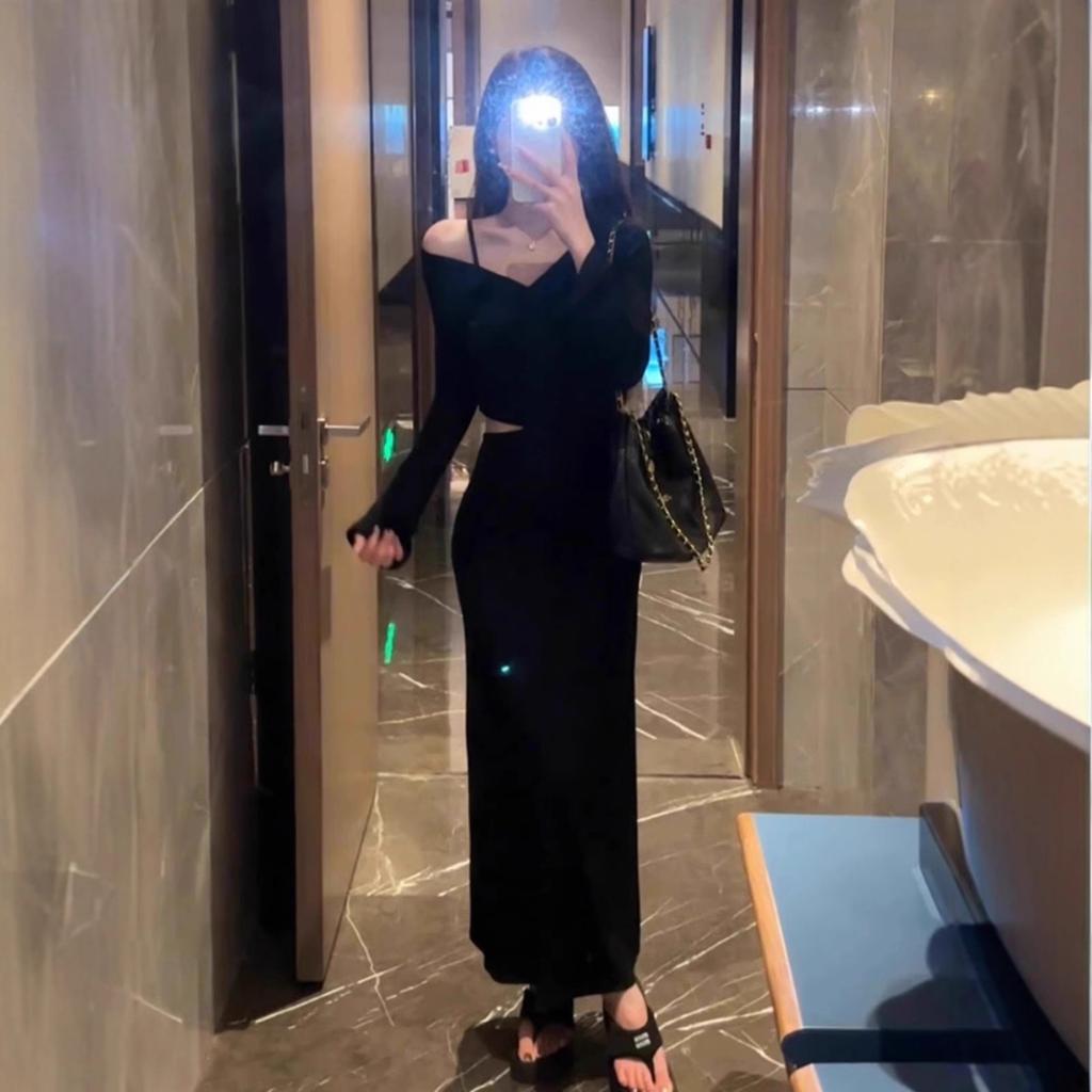 Французское черное платье с открытыми плечами и V-образным вырезом, с длинным рукавом, осеннее платье для женщин, маленькая женщина с талией, подчеркивающей темперамент, с открытой талией, платье с вырезами на талии