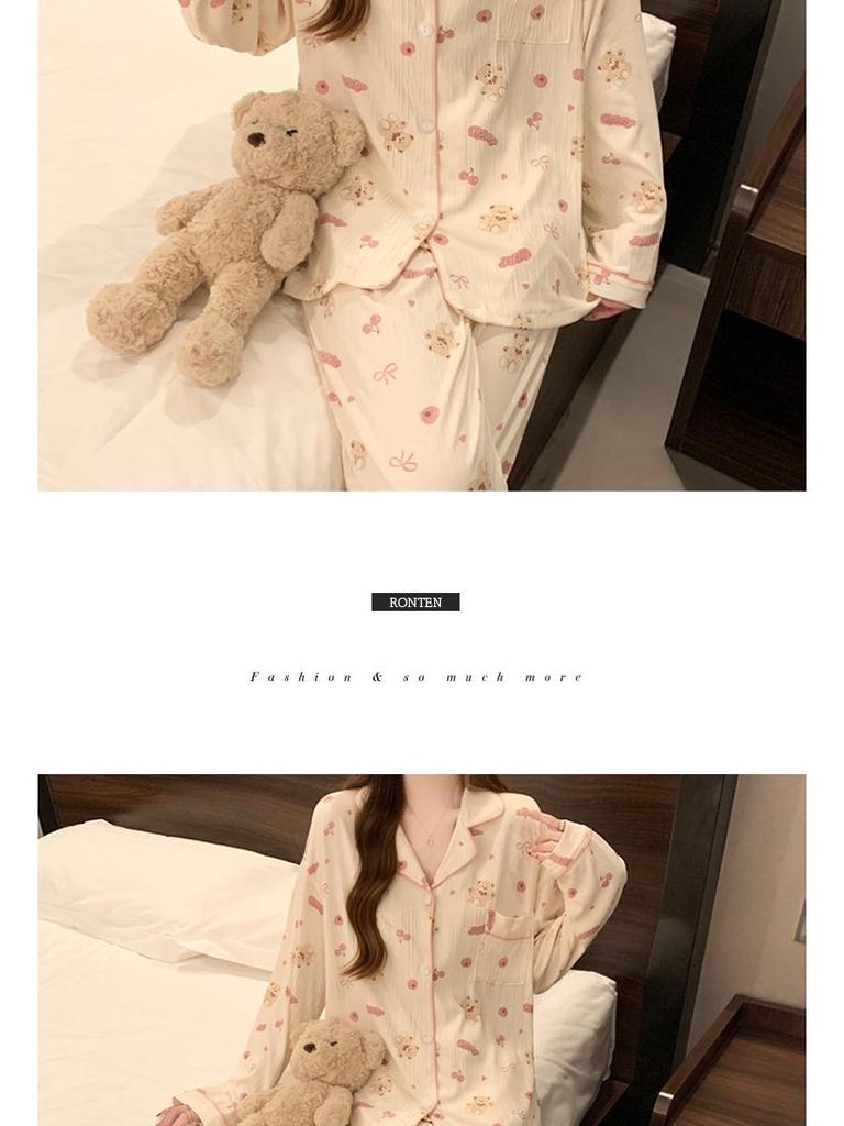 Milky Pink Cherry Bear Women's Cute Long Sleeve Pajama Set for Spring