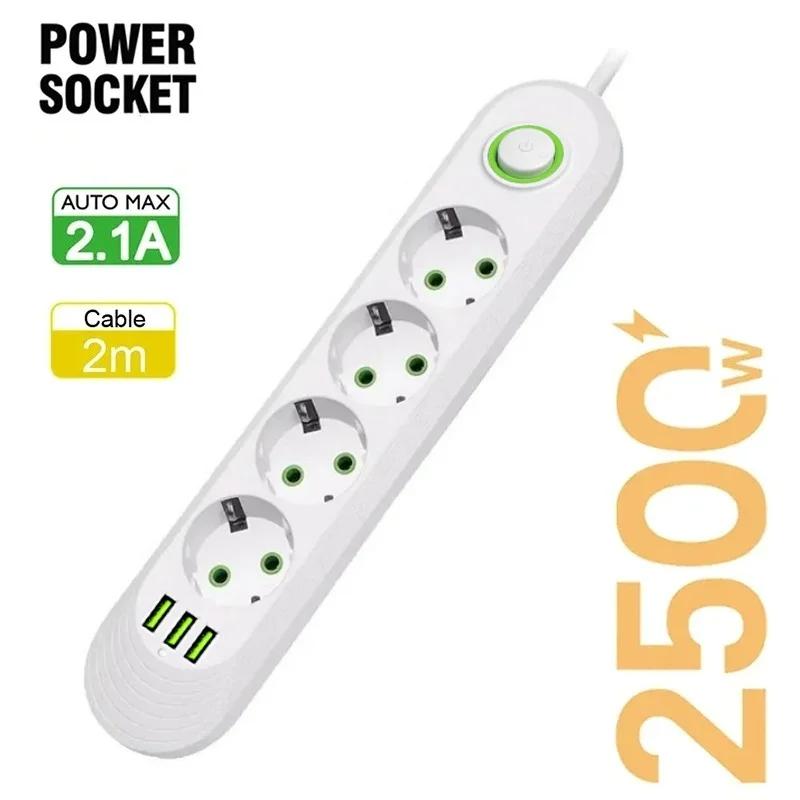 2500W EU Plug AC Outlet Multiprise Power Strip 2m Extension Cord Electrical Socket Network Filter With 3 USB Ports Fast Charging