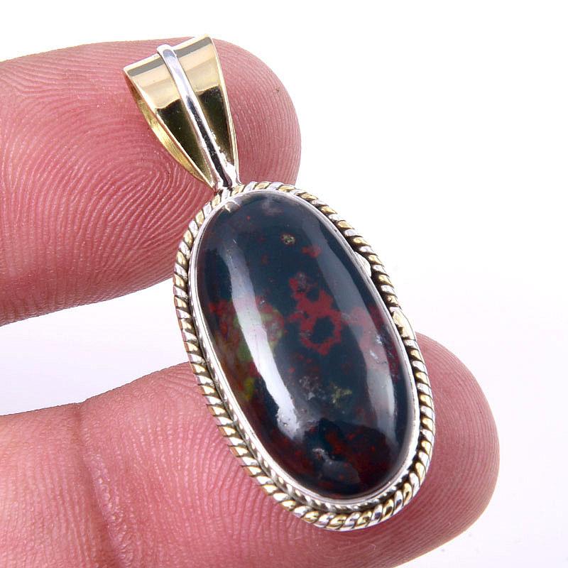 Natural Bloodstone Gemstone 925 Solid Sterling Silver TwoTone Pendant 1.50" U5j07
