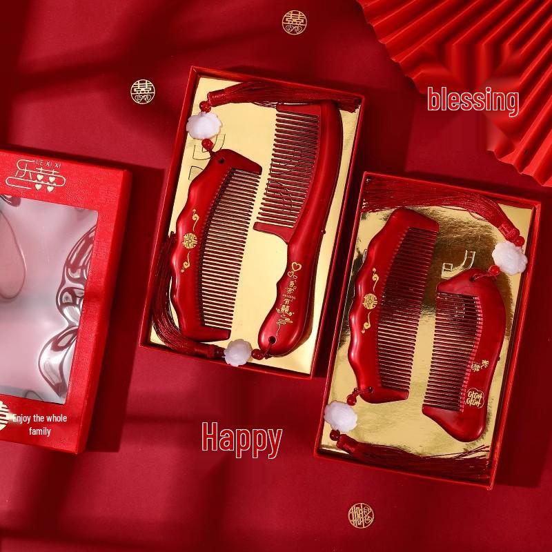 Бордовый Деревянный Свадебный Набор Расчесок с Зеркалом - Подарочная Коробка для Приданого Невесты