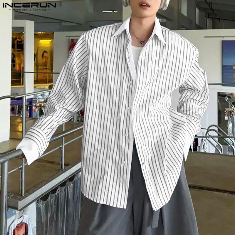 INCERUN Мужские рубашки с лацканами, длинными рукавами, имитацией двух частей, в полоску, на пуговицах, топы