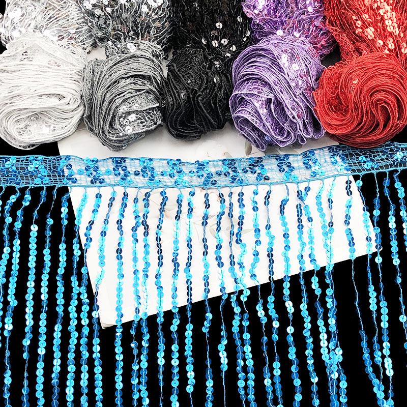 Отделка сценического костюма кружевом с пайетками и кисточками 40 см, 5,9 метра