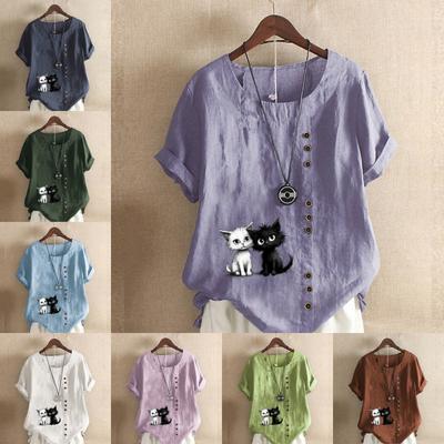 Женская мода с принтом черного кота и белого кота, футболка с коротким рукавом, свободная хлопковая рубашка, повседневная свободная летняя блузка, топы больших размеров