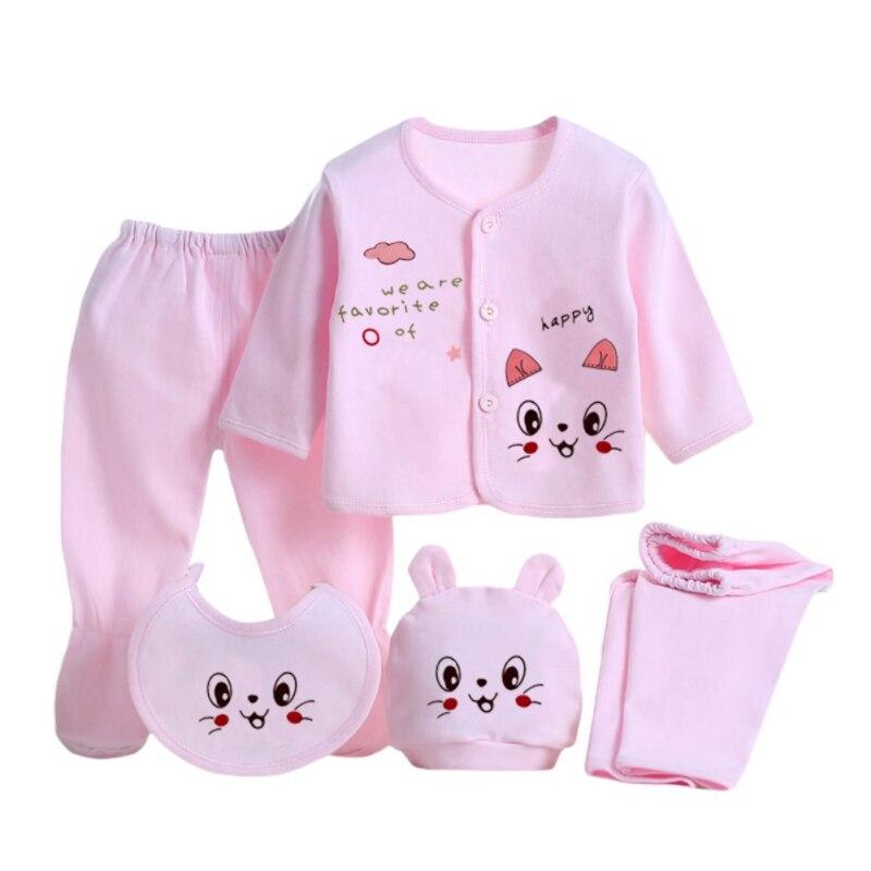 5PCS Newborn Layette Set Infant Boys Girls Baby Cotton Clothes 0-3M Tops Hat Pants Suit Essentials Outfit Sets