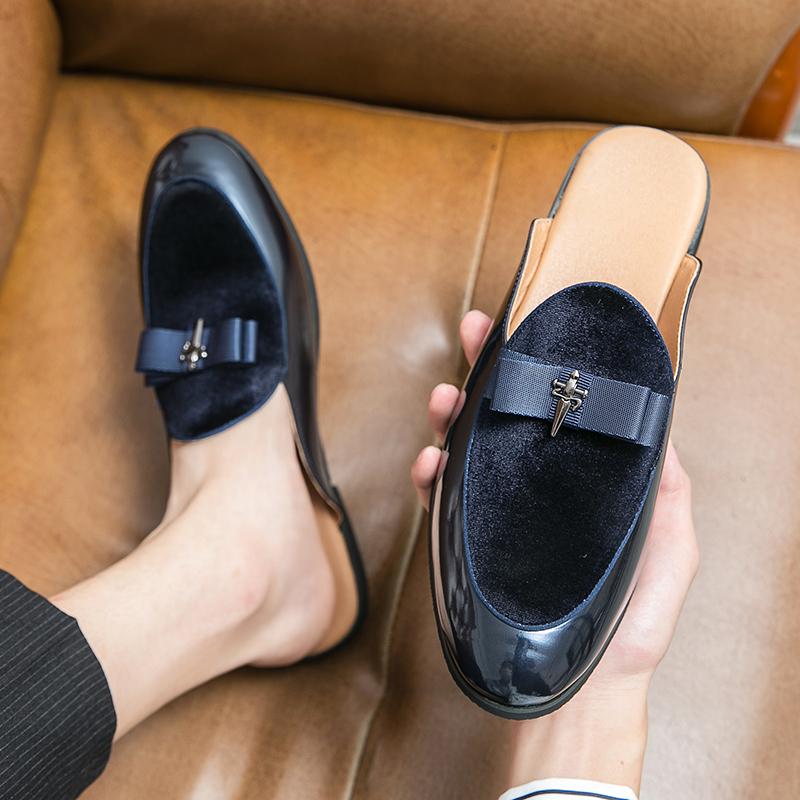 New Men's Suede Bowtie Patchwork Half Slippers Driving Shoes Male Casual Mules Moccasins Breathable Loafers Zapatos Hombre