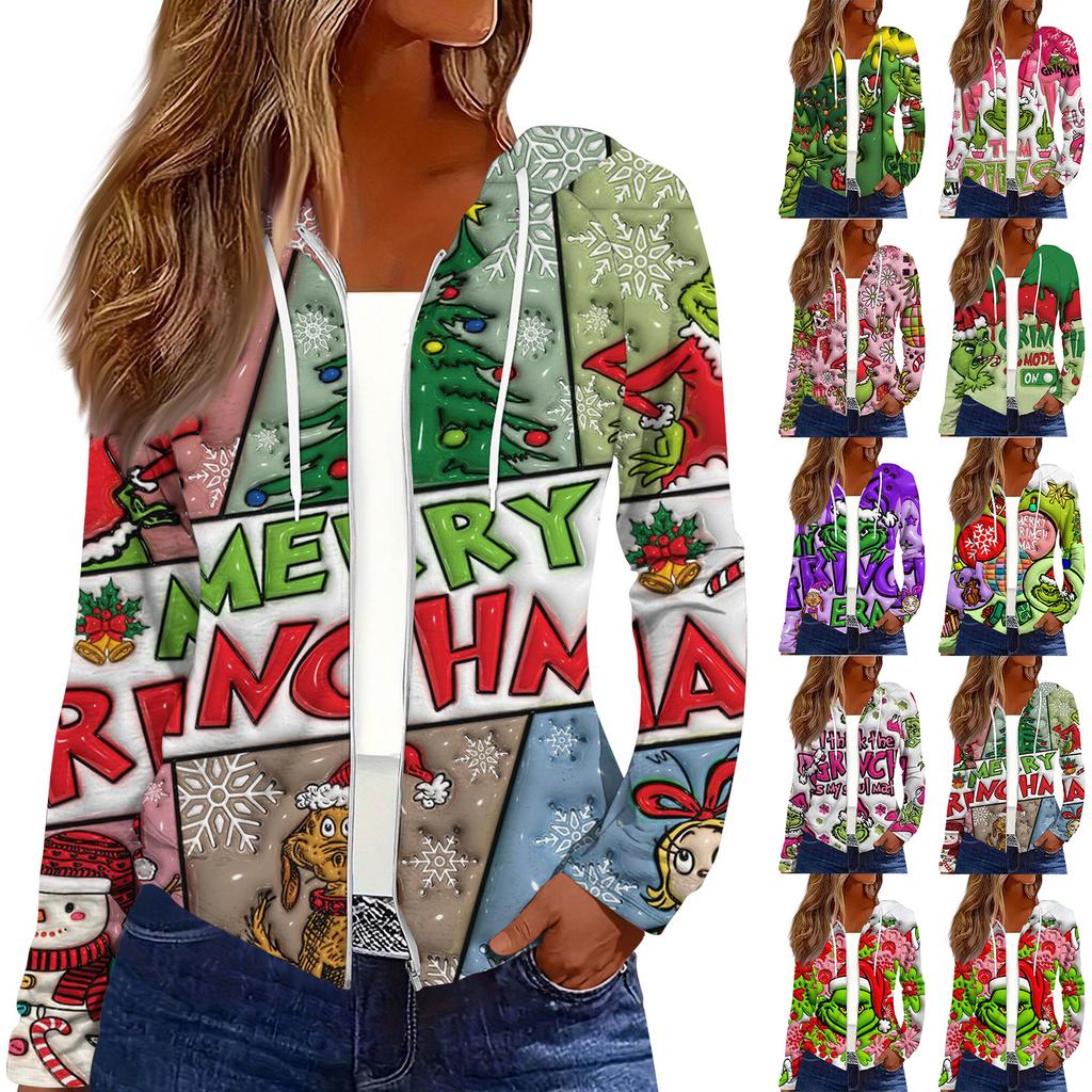 Women's Fashion Christmas Print Casual Zip-Up Long-Sleeved Hooded Jacket