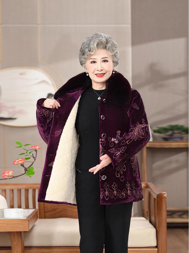 Elderly Women's Fleece-Lined Winter Coat with Fur Collar