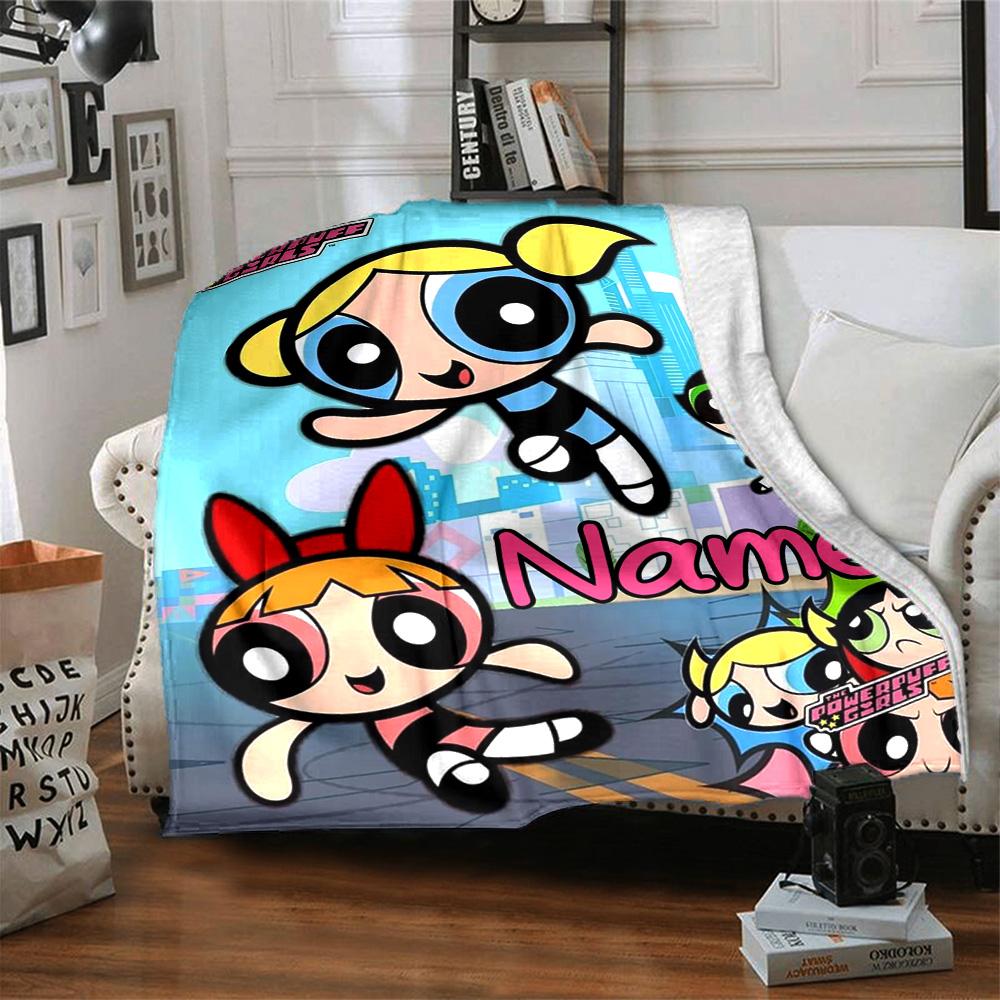 Custom Name Powerpuff Girls Adventure flannel Blanket for Super Soft Cute Comfort Blanket for Travel Bedding Couch Sofa Blanket