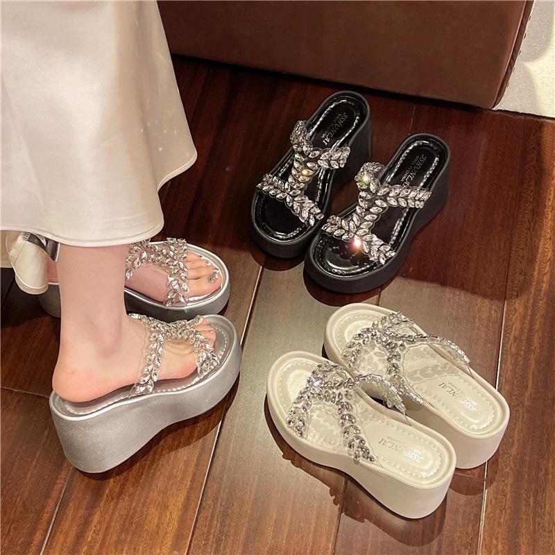 2025 New Slippers Women's Summer Fashion Versatile Outer Wear Heightened Thick Bottom Slope Heel Rhinestone Premium High Heel Cool Slippers
