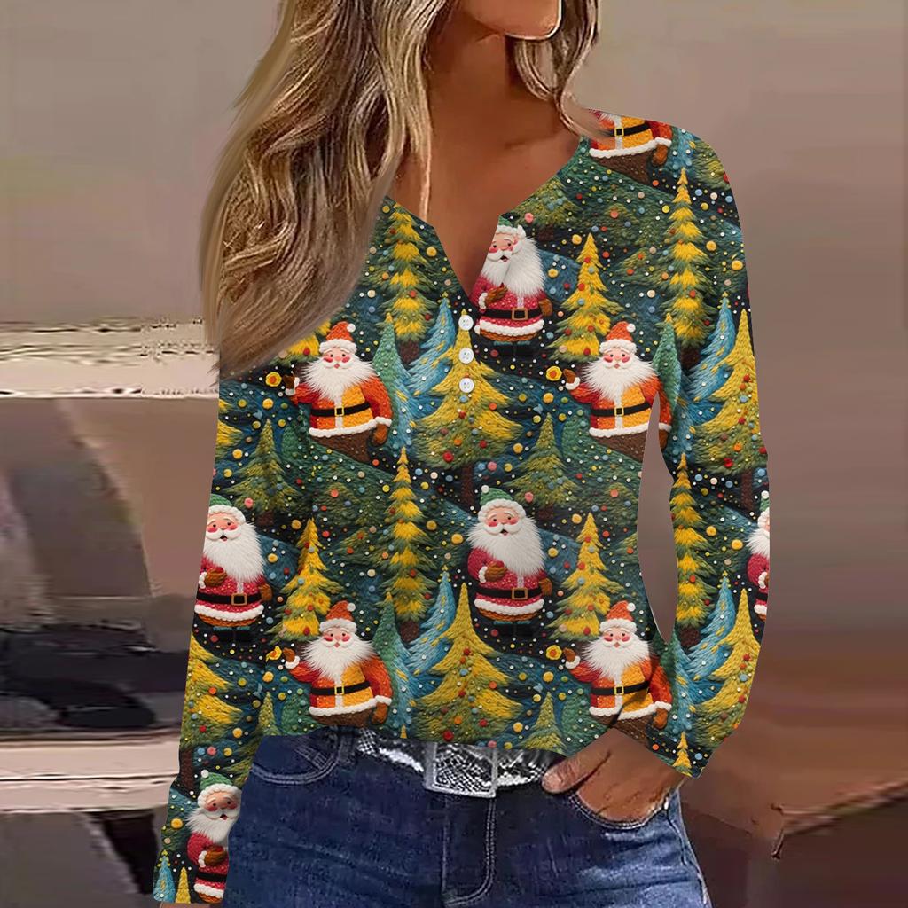 Женская модная повседневная футболка с V-образным вырезом, на пуговицах, с длинным рукавом, с рождественским принтом