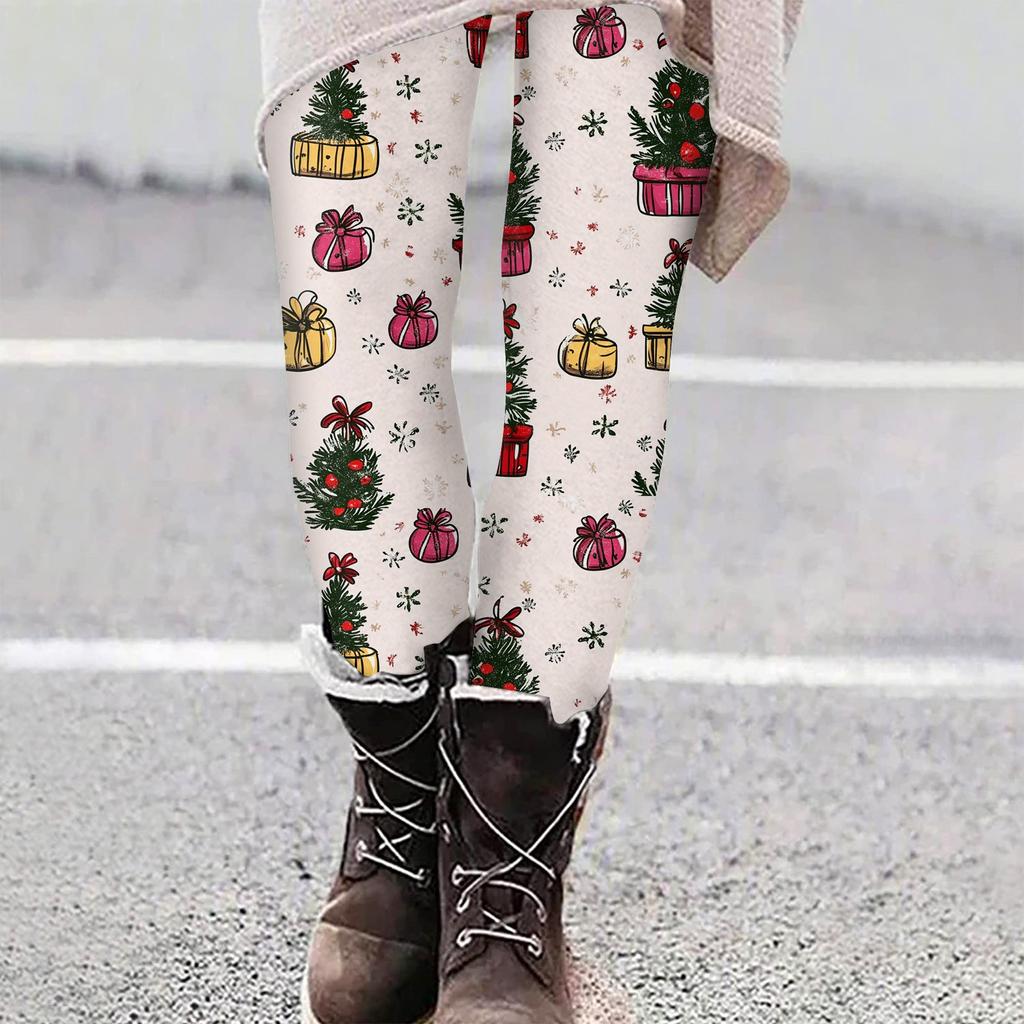 Women's Casual Christmas Tree Snowflake Print Slim Fit Elastic Yoga Pants Cropped Pants