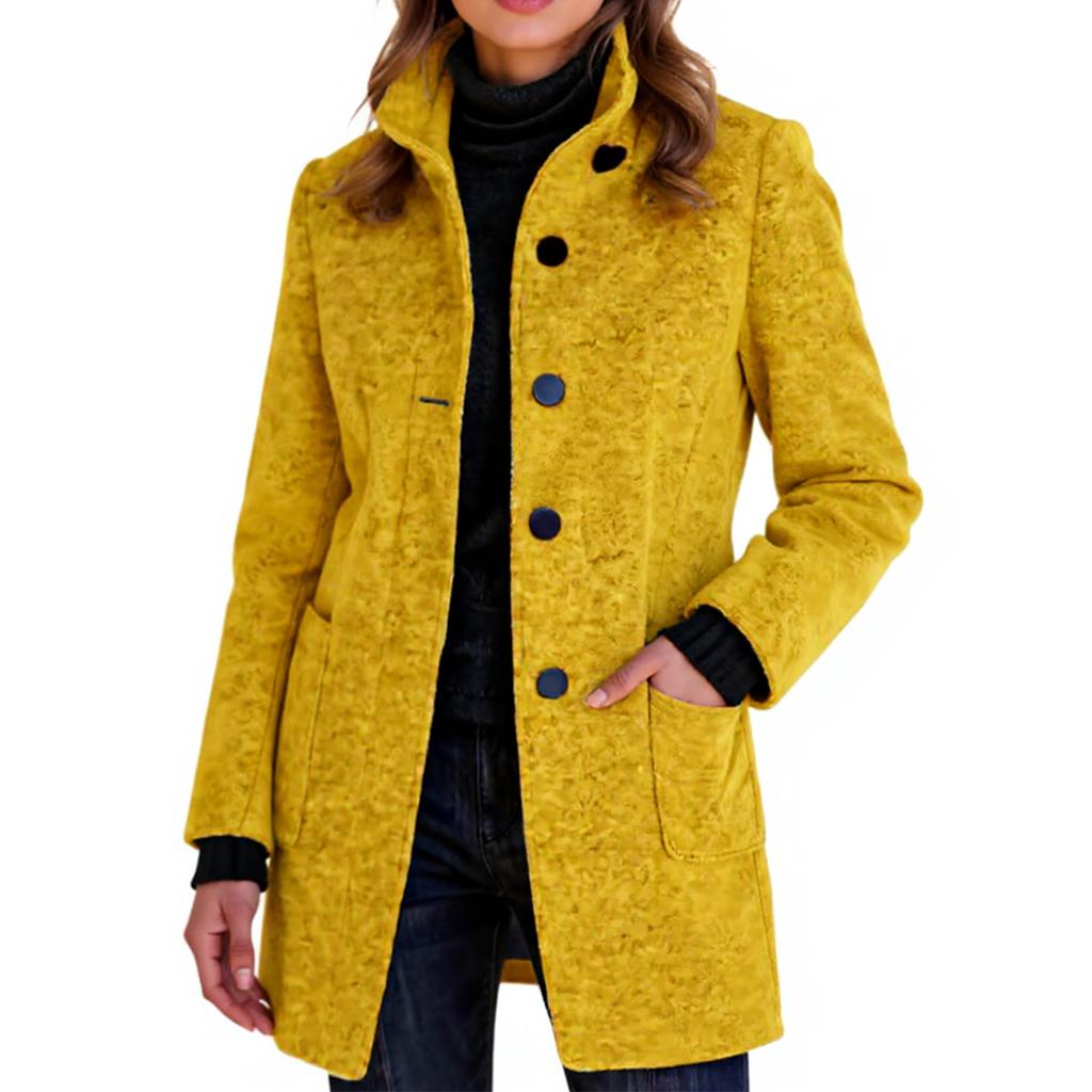 Ladies' Casual And Fashionable Solid Color Button Up Collar Woolen Coat