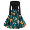 Women's Casual Vintage Halloween Dress Long Sleeve Crew Neck Retro Swing Dress with Spider Web and Bat Print and Waist Tie Belt for Everyday Wear