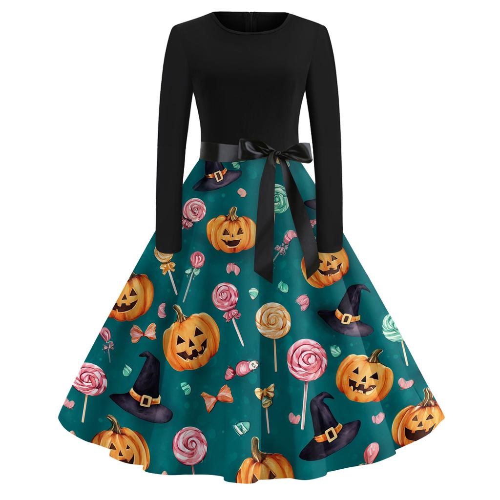 Women's Casual Vintage Halloween Dress Long Sleeve Crew Neck Retro Swing Dress with Spider Web and Bat Print and Waist Tie Belt for Everyday Wear