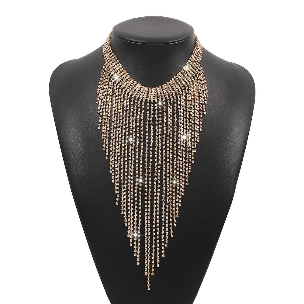Geometric Long Tassel Necklace Sparkling Clavicle Chain Sweet Full Rhinestone Necklace Women