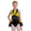 Girls Dance Costume Turn-Down Collar Sleeveless Sheer Mesh Keyhole Back Shiny Sequins Feather