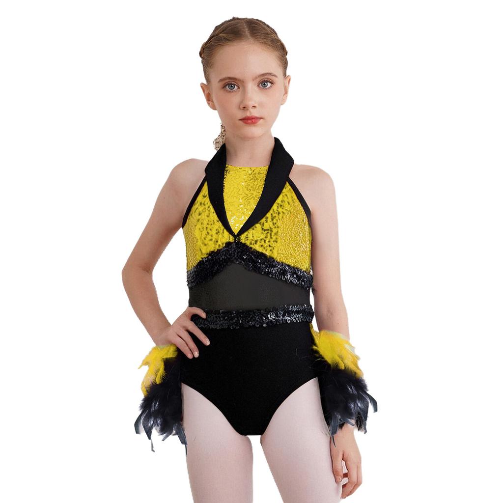 Girls Dance Costume Turn-Down Collar Sleeveless Sheer Mesh Keyhole Back Shiny Sequins Feather