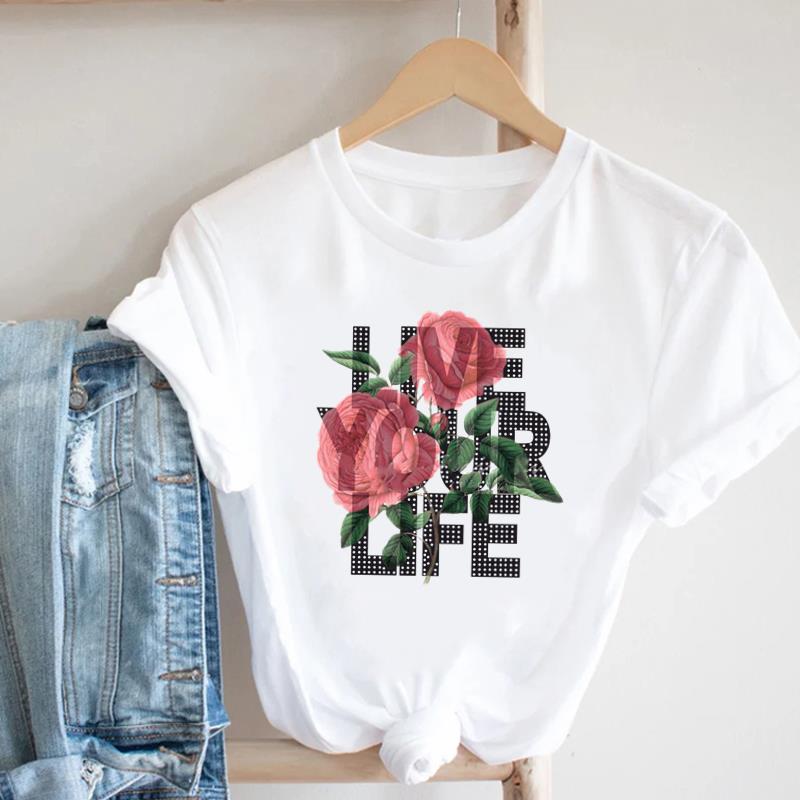 (Азиатский размер) Футболка женская с милым цветочным трендом, женская одежда с принтом 90-х годов, повседневная модная футболка с коротким рукавом, женская футболка с графическим рисунком