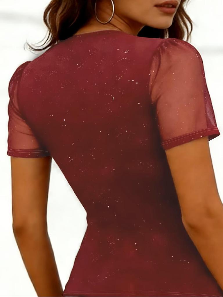 Женская модная футболка с V-образным вырезом, сетчатая, с коротким рукавом, весна/лето 2026