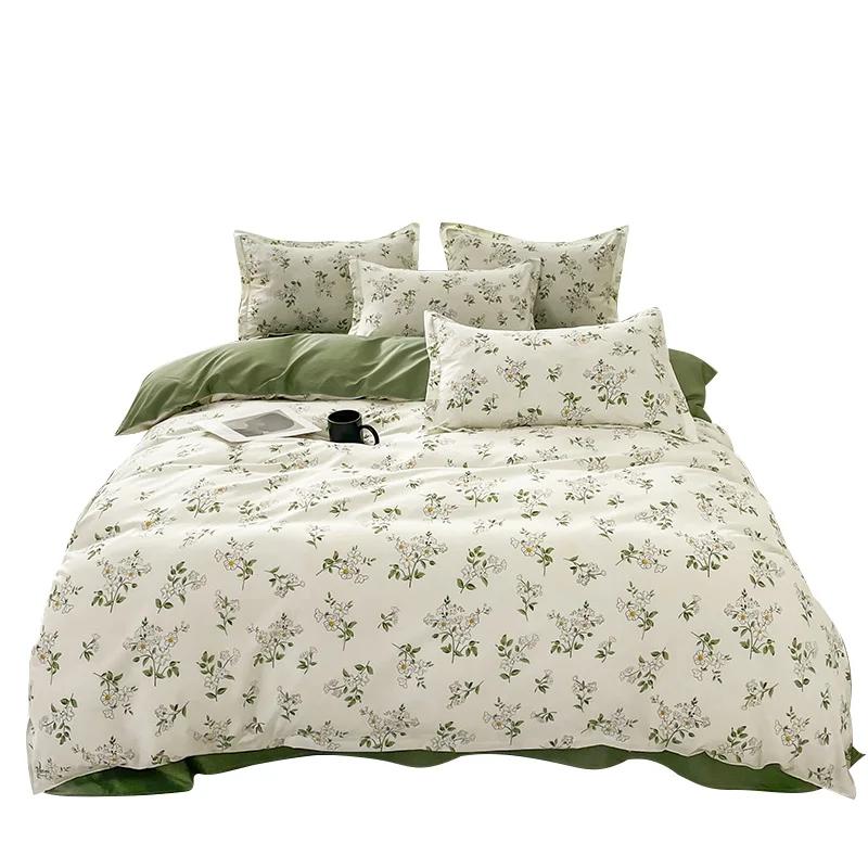 Striped Flower Duvet Cover Set + Flat Sheet + 2pc Pillowcases Single Double Twin Queen King Size Bed Linen Bedding Textile B90F