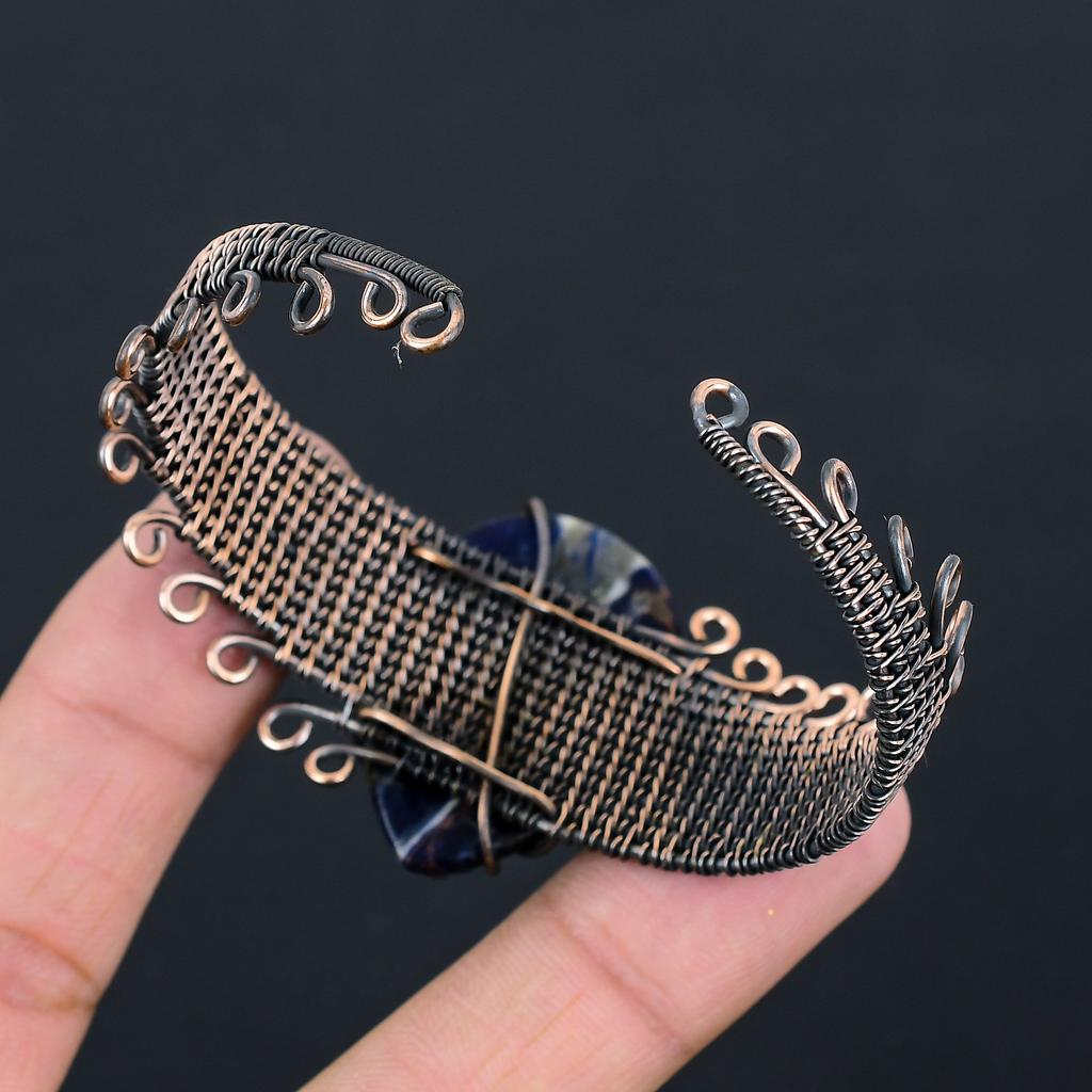 Natural Sodalite Gemstone Handmade Copper Wire Wrap Bangle Adjustable o5A27