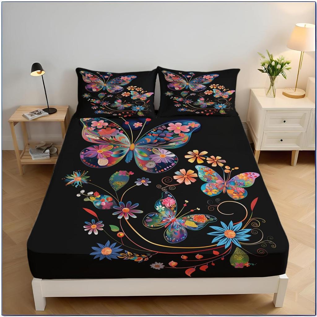 3D Бабочка Односпальная Простыня на Резинке Синие Принтованные Простыни 30 см Глубиной Простыни на Резинке Мягкий Набор Постельного Белья из Микрофибры с Наволочкой