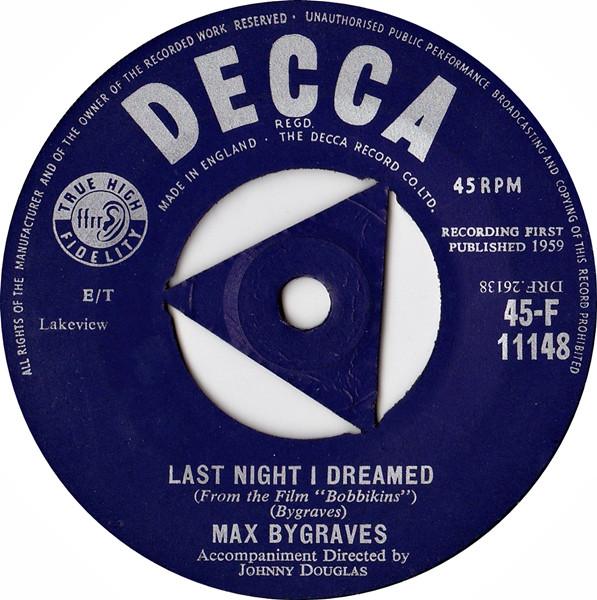 7-дюймовая пластинка MAX BYGRAVES Last Night I Dreamed 45F11148 Decca 1959 UK Pop Б/у