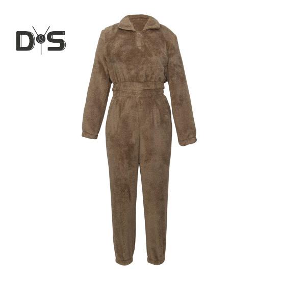 2 шт./комплект женский топ брюки костюм однотонный длинный рукав воротник стойка топ эластичный пояс толстые плюшевые брюки спортивный фитнес костюм пижама осень зима