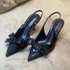 Женские туфли TRAF из черной кожи с бантом на высоком каблуке, сексуальные туфли-шпильки с острым носком, летние модные туфли-лодочки 2024 года, сексуальные босоножки без задника