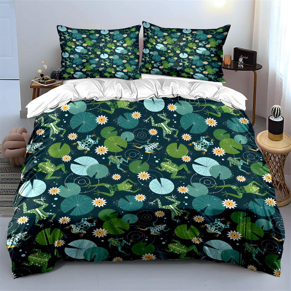 Frogs and Lily Pads Pattern Bedding Duvet Cover Set (1*Duvet Cover 2*Pillowcases, without duvet insert)