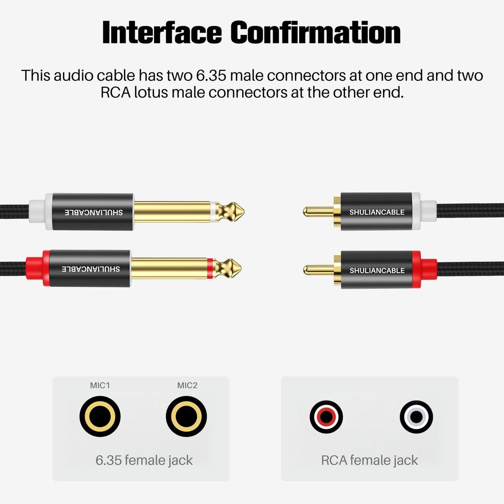 SHULIANCABLE к RCA 2 x TS к двойному RCA Стерео Аудио Соединение Совместимо с AV Домашним Аудио и Усилителями 1/4" Кабель, 6.35мм Кабель, Ресиверами,