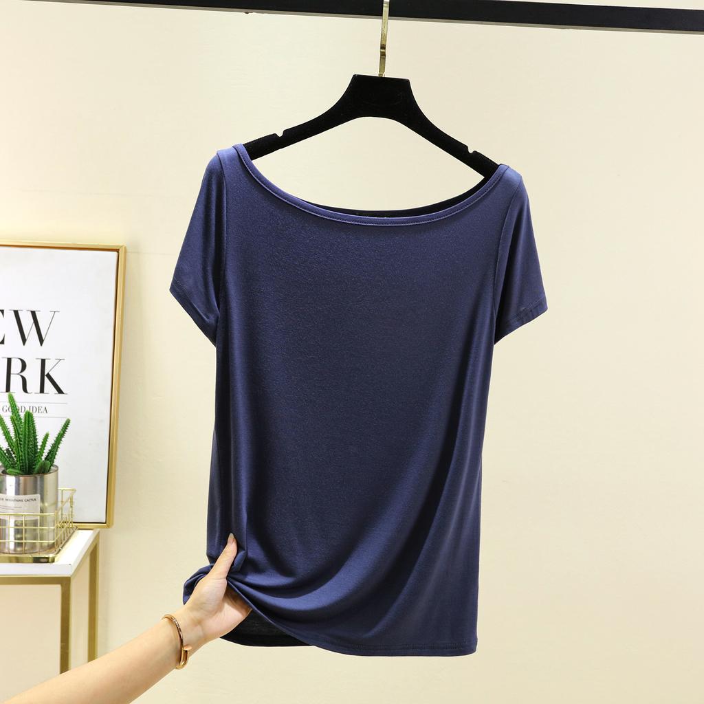 Модал с короткими рукавами и открытой спиной Футболки женские лодочки с открытыми плечами Футболка Однотонный цвет Свободный базовый слой Топ Большие размеры простые Майки