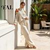 Breathable Women Suits Autumn Sweater Pants Set, Cold Shoulder Knit & Wide Leg Set Pants, Solid Color Long Sleeves Top Trousers Two Piece Outfits