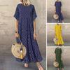 Women Dot Print Maxi Dress Summer Short Sleeve Crew Neck Long Dress Casual Pleated Swing Beach Sundress